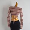 Color Stripe Round Neck Pullover Knit Women Clothes Spring and Autumn Gyaru Slim Fit Short Waist Lace-up Bottoming Shirt Top