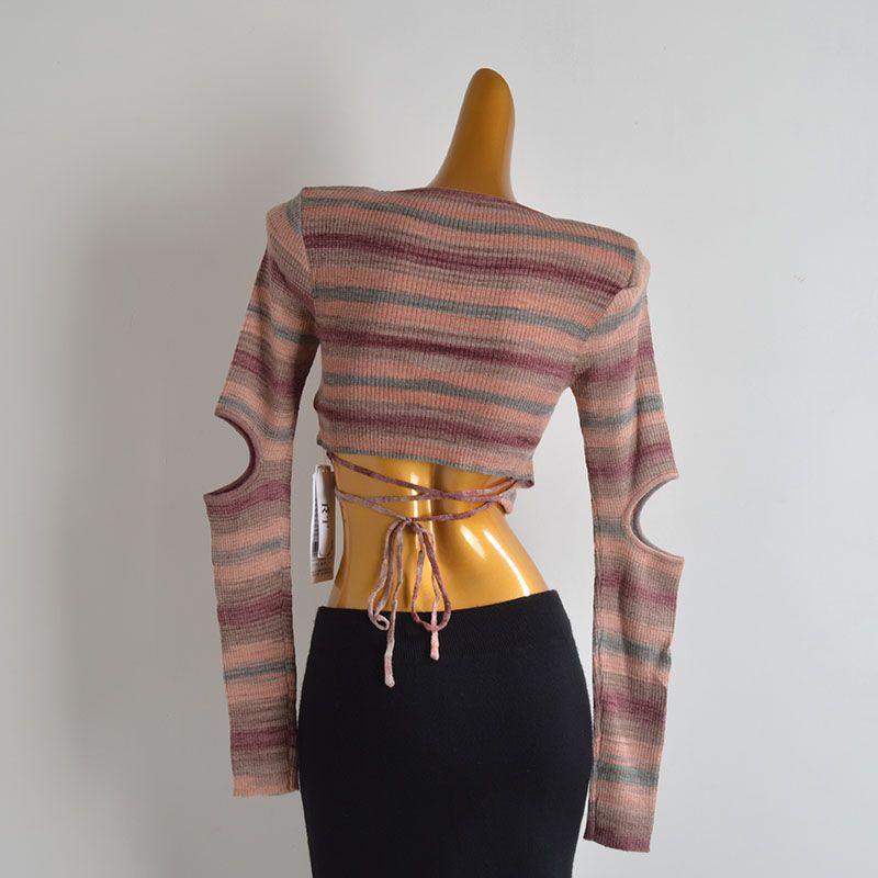 Color Stripe Round Neck Pullover Knit Women Clothes Spring and Autumn Gyaru Slim Fit Short Waist Lace-up Bottoming Shirt Top