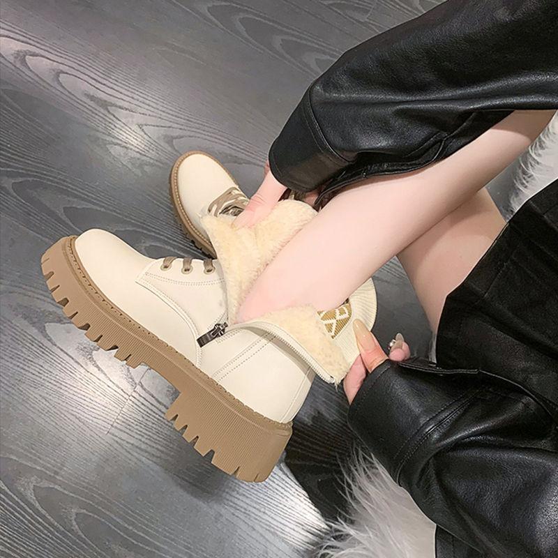 Martin Boots Women's New British Style Heightened Platform Locomotive Boots Velvet Short Boots Women's Spring and Autumn Single Boots Women's