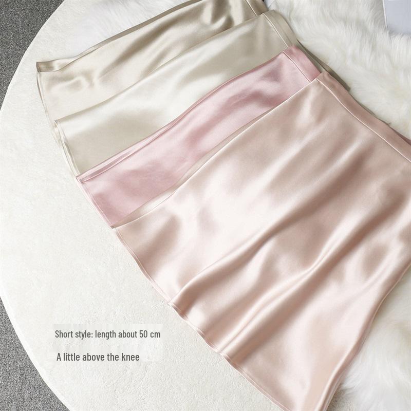 High-Waist Pink Satin Pencil Skirt for Women - French Chic, Summer Style