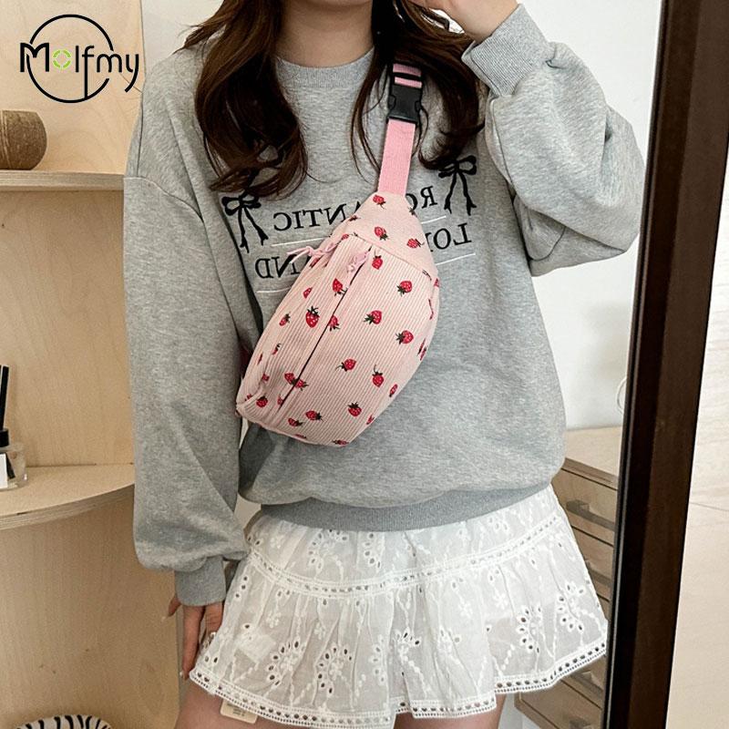 Waist Bag Women Men Corduroy Fanny Pack Strawberries Pocket Fashi Chest Handbag Sports Travel Purse Plaid WaistPack Belly Bags
