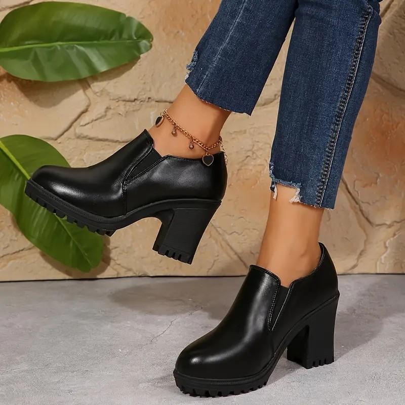 Women's Soft Sole Thick Heel Loafers Spring Elastic Deep Mouth Genuine Leather Casual High Heels Comfortable Slip On Shoes