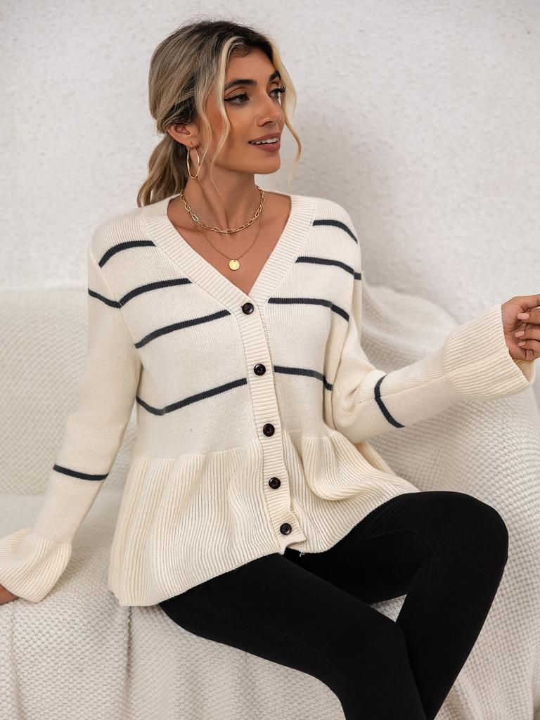 Women V-neck Striped Lazy Loose Knitted Long-sleeved Sweater Autumn Winter Cardigan Women's Clothing