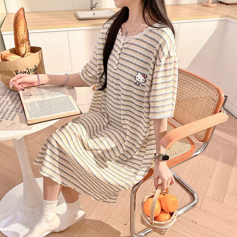 Women's Striped Short-Sleeve Loose Midi Dress – Fresh Summer Style, Versatile for Outdoors or as Pajamas, Ideal for Students