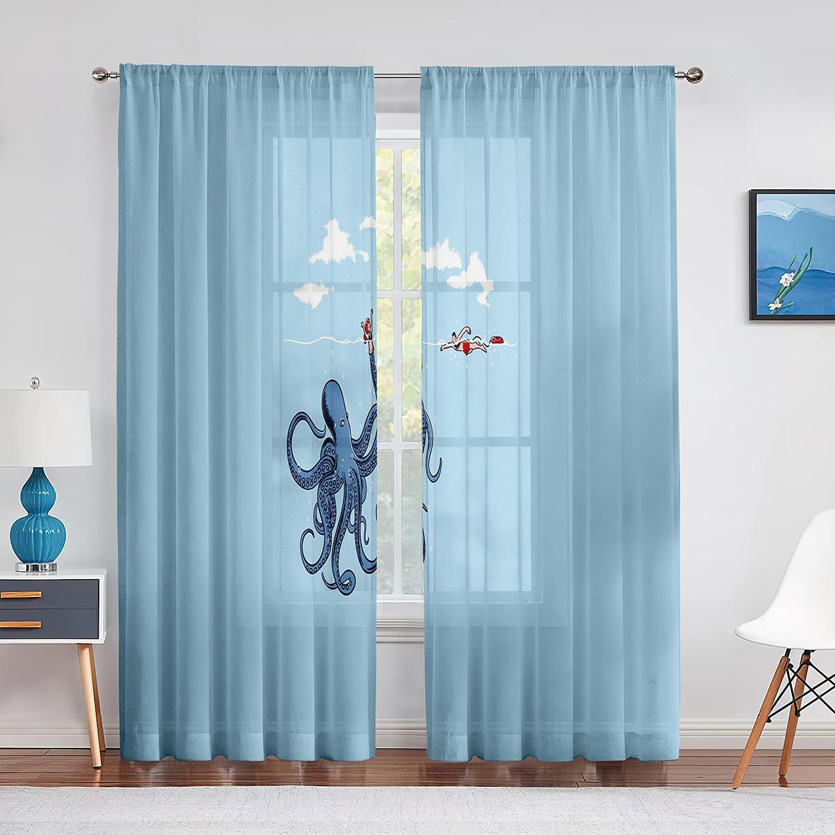 Крутые красные шторы из шифона-вуали с морским осьминогом для декора гостиной — фото 10