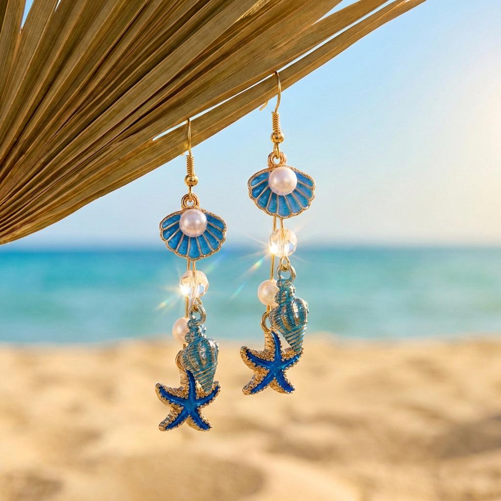 Exquisite Boucles d'Oreilles à Pompons Coquillage & Étoile de Mer pour Femmes – Polyvalentes, Style Bord de Mer de Niche