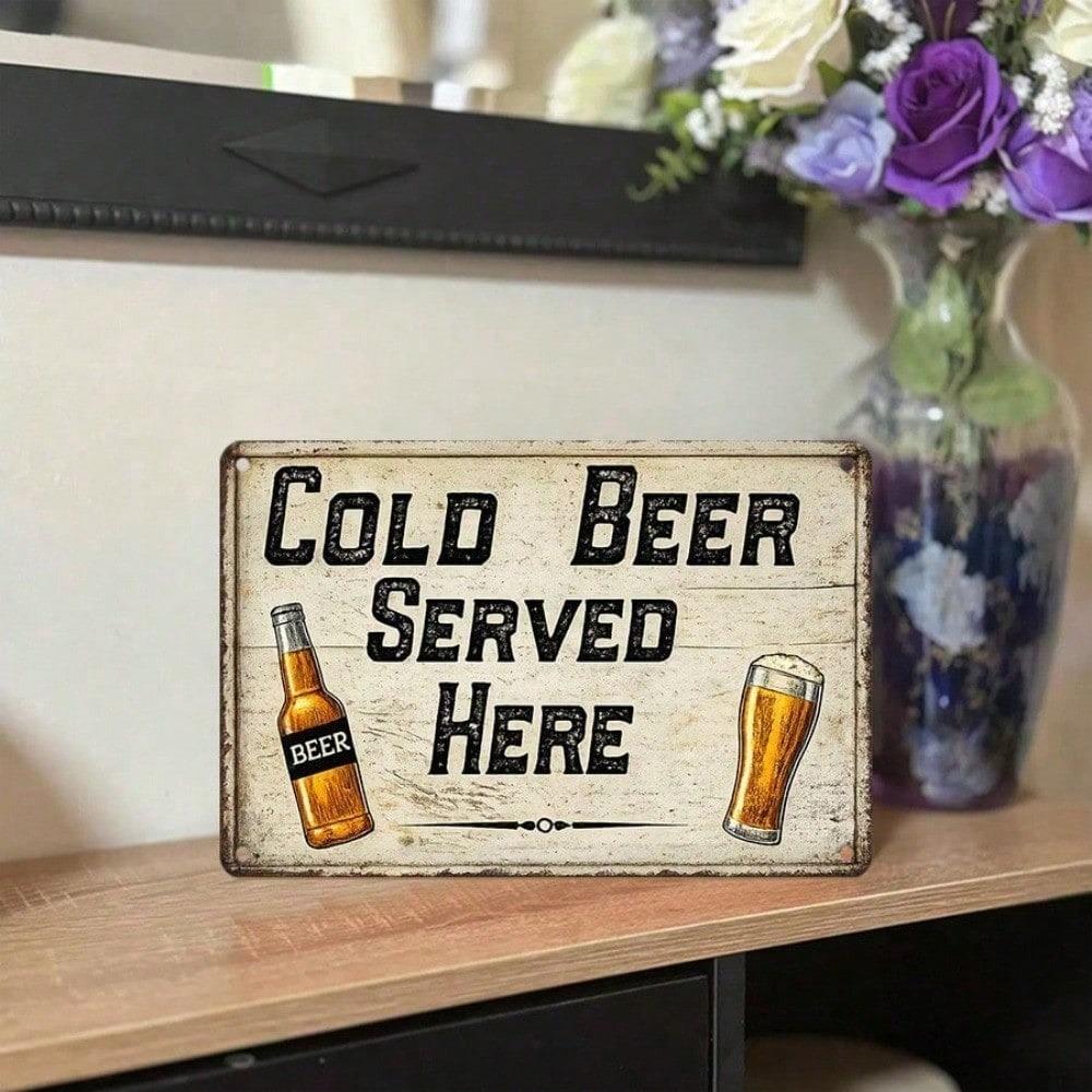 1PC Retro Cold Beer Metal Tin Sign, 2D Flat Vintage Wall Decor, 12x8 Inch Rustic Farmhouse Plaque, Easy To Hang