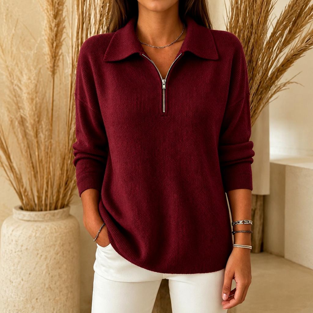 Women's Half-Zip Sweater with Turn-Down Collar Loose Fit for Fall Winter Casual Wear