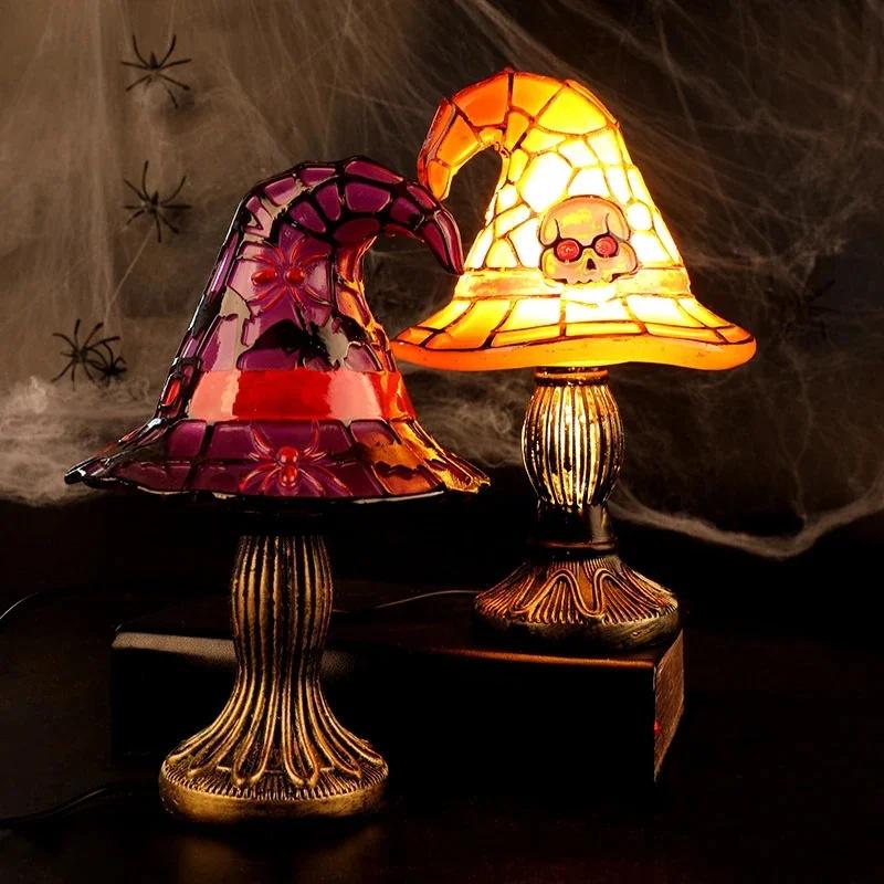 Creative Resin Spider Witch Hat Shape Atmosphere Night Light Stained Glass Decorative Lamp For Halloween Party Bedroom Decor