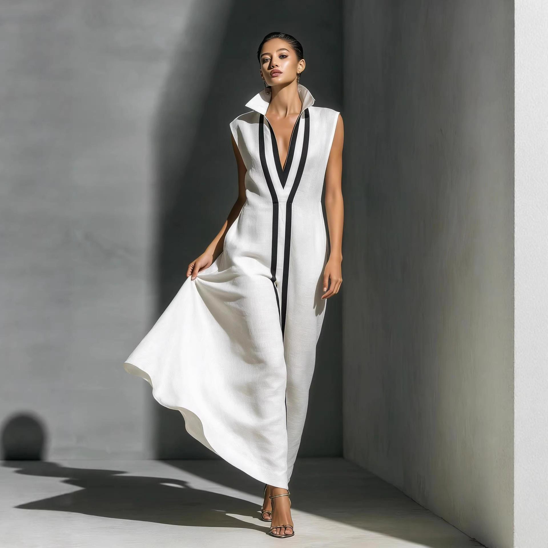 2026 Summer V-Neck Sleeveless Cotton Linen Slim Fit Stand Collar Dress - Women s 2XL