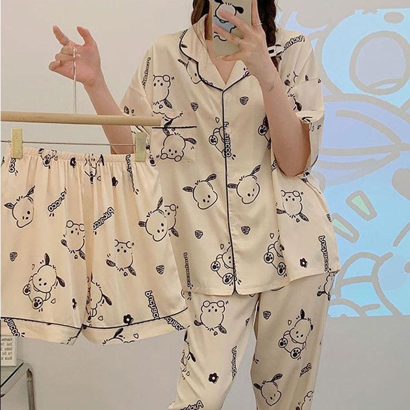 Summer Fashion Pajamas: Women's Short Sleeve Three-Piece Set with Cartoon Pacha Dog Design, Suitable for Home or Outdoors