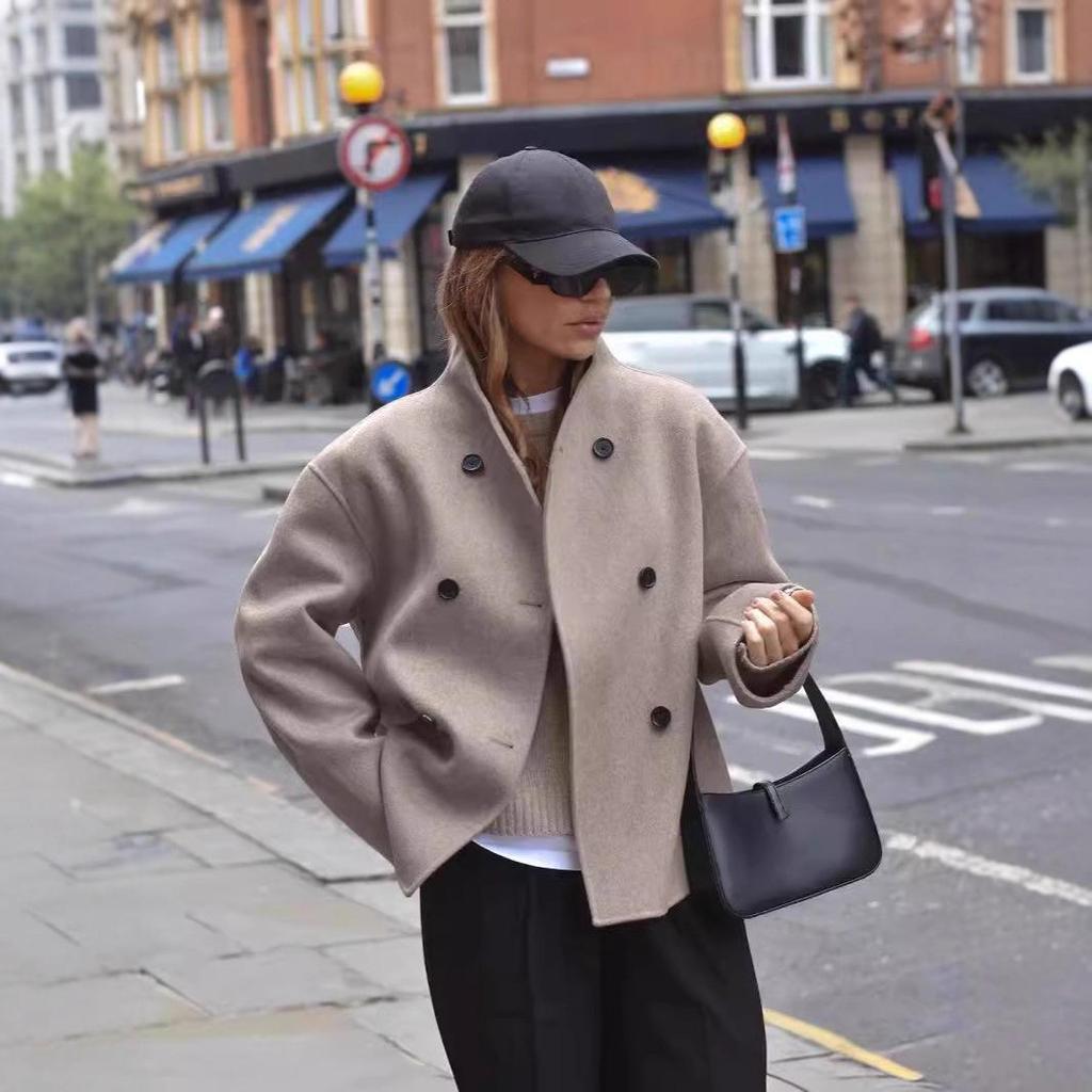 2025 Women's Double-Breasted Solid Wool Coat - Casual British Style