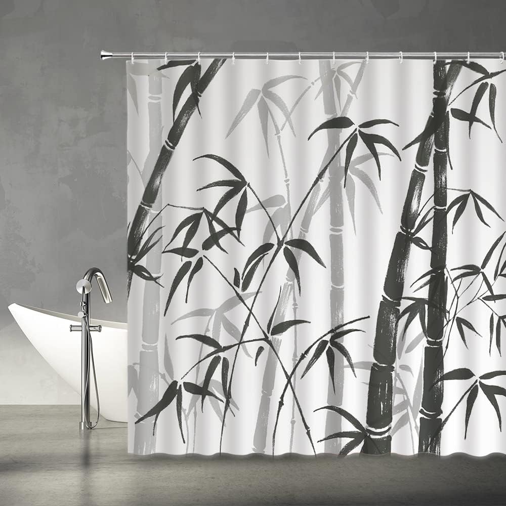 Black And White Ink Bamboo Forest Pattern Waterproof Shower Curtain 180X200Cm - Zen Style Bath Curtain For Spa Decor