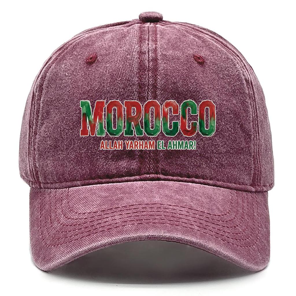Baseball Cap With "MOROCCO" "ALLAH YARHAM EL AHMAR" Flag Printed , Adjustable Sun Hat Headwear Unisex Trendy Casual Dad Hat