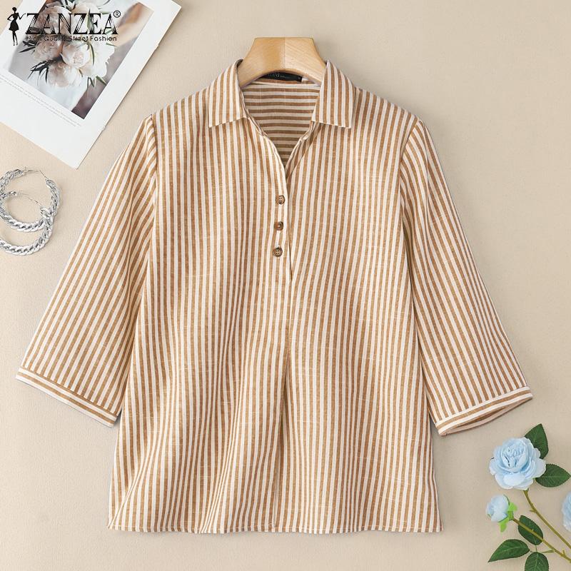 ZANZEA Women Turn Down Collar Loose 3/4 Sleeve Casual Stripe Blouse