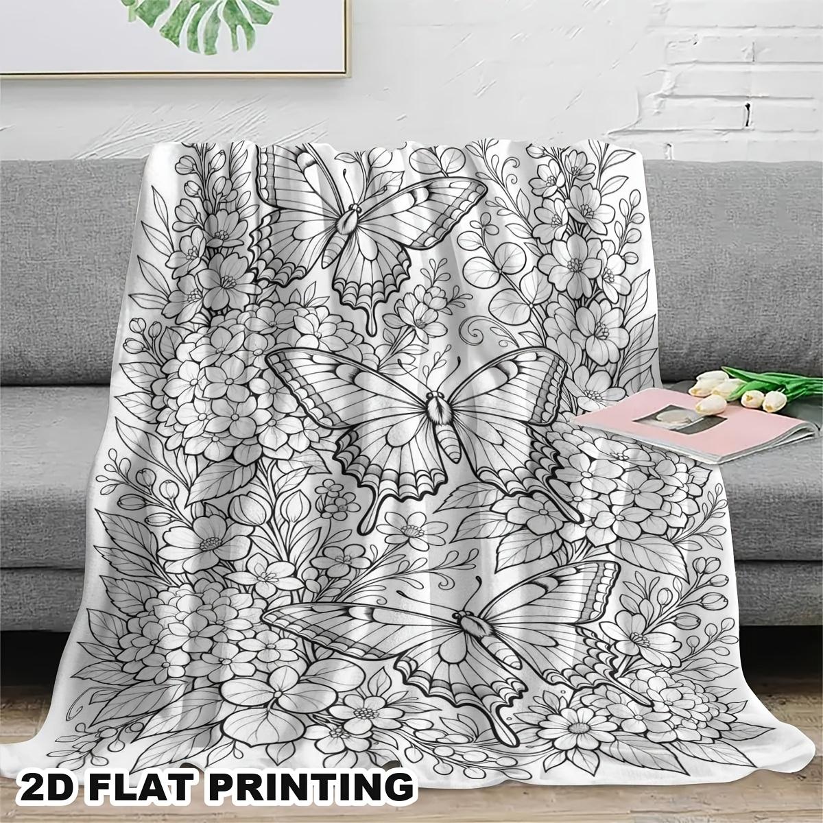 Exquisite Fashion Items Unisex Adult Coloring Butterfly Floral Flannel Blanket, Soft Skin-Friendly Throw For Bedroom Nap, Creative Diy Stress-Relief Gift