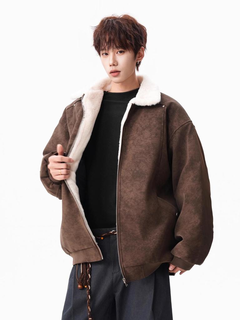 Men's Winter Barn Style Lambswool Cotton PU Leather Jacket, Thickened Warm Street Cool Workwear Coat