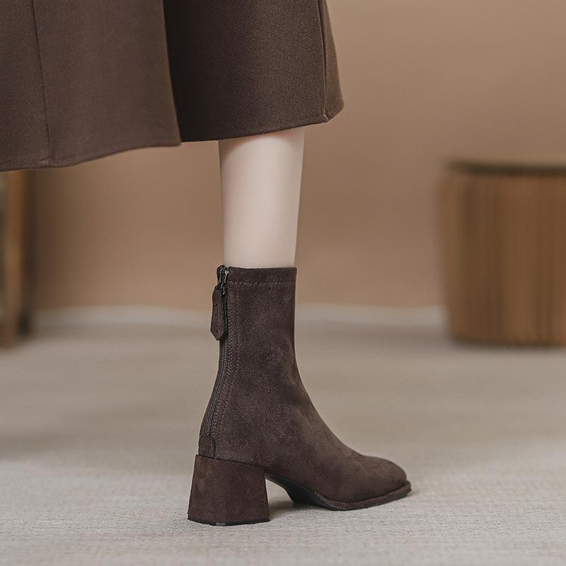Brown Coarse Heel Short Boots Women's Skinny Boots Season Square Head High Heel Socks Boots Women's Suede Stretch Boots
