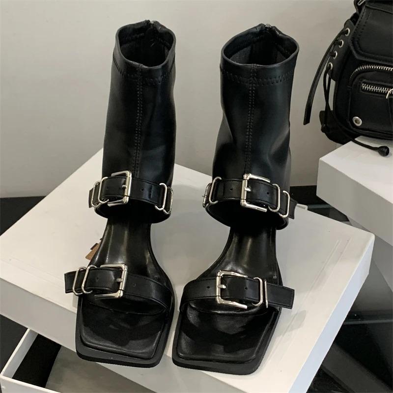 Eilyken Fashion Square Toe Women Ankle Boot Sandals Design Style  Narrow Band Buckle Strap Zipper Thin Heels Shoes