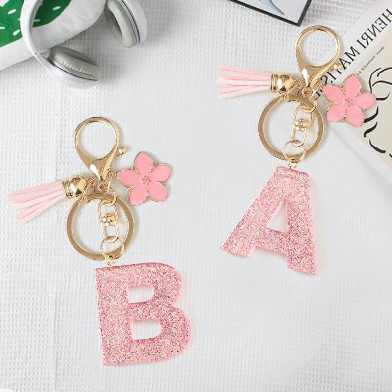 A-Z Glitter Pink Initial Letter Keychain Flowers Tassel Resin Car Keyring Women Girls Backpack Charms Accessories Year Gifts
