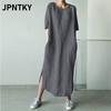JPNTKY Fashion Summer Spring Solid Color Print O-Neck Short Sleeve Casual Dresses