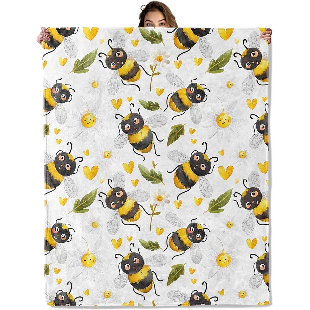 Cute Bee and Flower Blanket 50X60 in, Flannel Throw Blankets for Travel Camping Sofa Living Room Decor, Lightweight Cozy Soft Fu