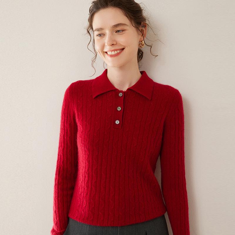 Women's Cashmere Cable Knit Polo Collar Pullover - Long Sleeve, Warm, Fashionable, Versatile Autumn/Winter Base Layer Top.