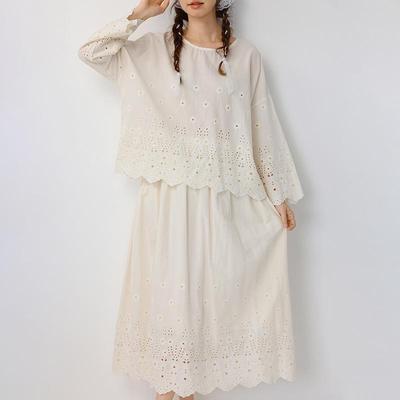 Japanese Literary Embroidered Lace Long Sleeve T-shirt & Skirt Set - Women's Pure Cotton Casual Fashion