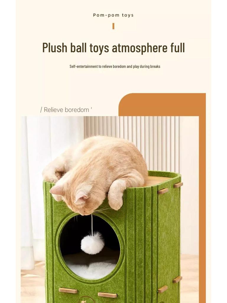Waterwood Space-Saving Cat Climbing Frame: Felt Barrel Nest with Three Layers and Tree Hole for Big Cats