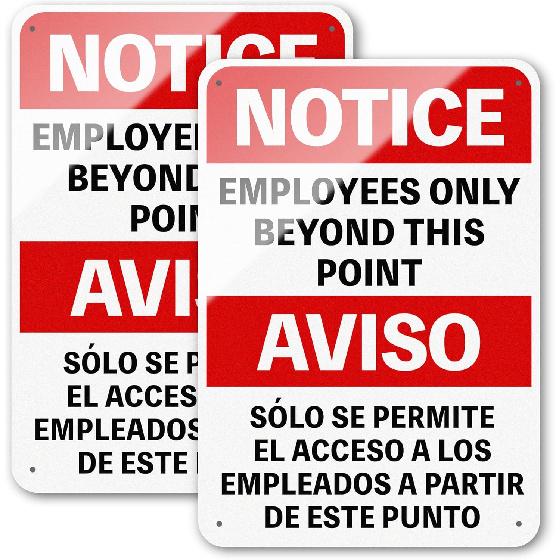 2 PCS Employees only Sign Bilingual 9.6x7 inch, Employee only Signs for Doors Aluminum, Employees only Beyond this Point Sign Reflective, Horizontal