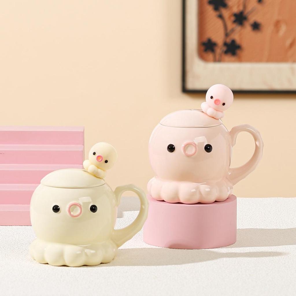 Cute Jellyfish Shape Mug with Lid Spoon Water Cup Couple Ceramic Cup Children's Souvenir Cup Set