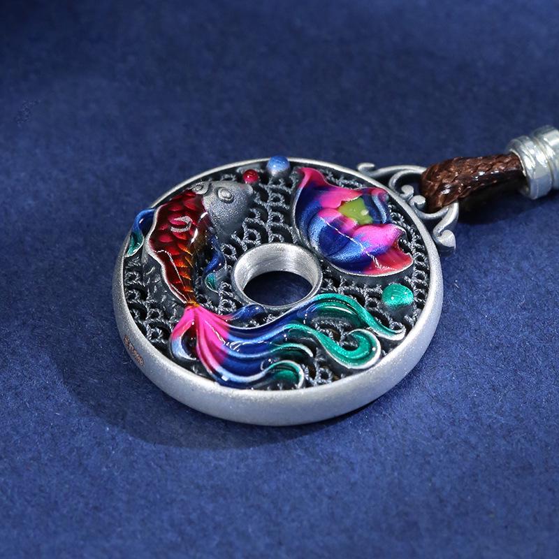 Enamel Lotus Fish Hollow Filigree 999 Sterling Silver Pendant Necklace