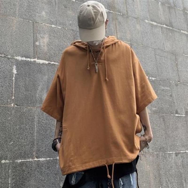 Camiseta de manga corta de verano para hombre, suéter con capucha de media manga, sudadera con capucha sólida para estudiantes para hombre