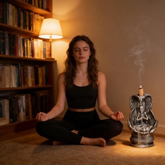Skull Snake Incense Burner Holder Backflow Waterfall Cone Incense Holder Zen Skeleton Incense Burner for Home Bedroom Yoga Aromatherapy Relaxation
