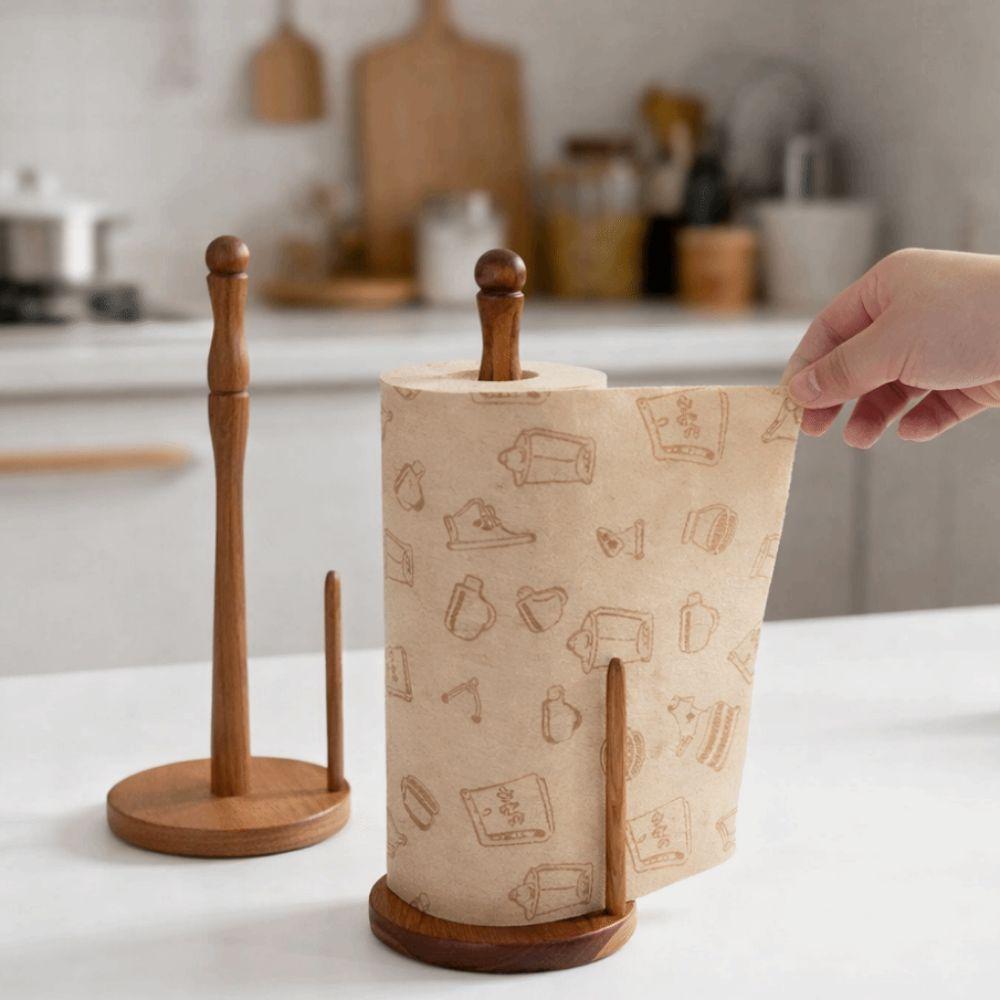 Freestanding Wooden Paper Towel Holder Stable Anti-Skid Disposable Paper Holder Space Saving Vertical Tissue Stand for Kitchen