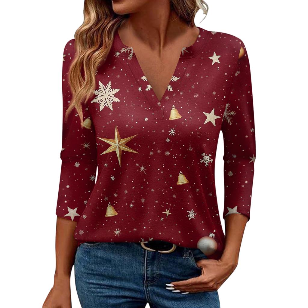 Women's Casual Fashionable Sexy Comfortable V-Neck Christmas Three-Quarter Sleeve Top
