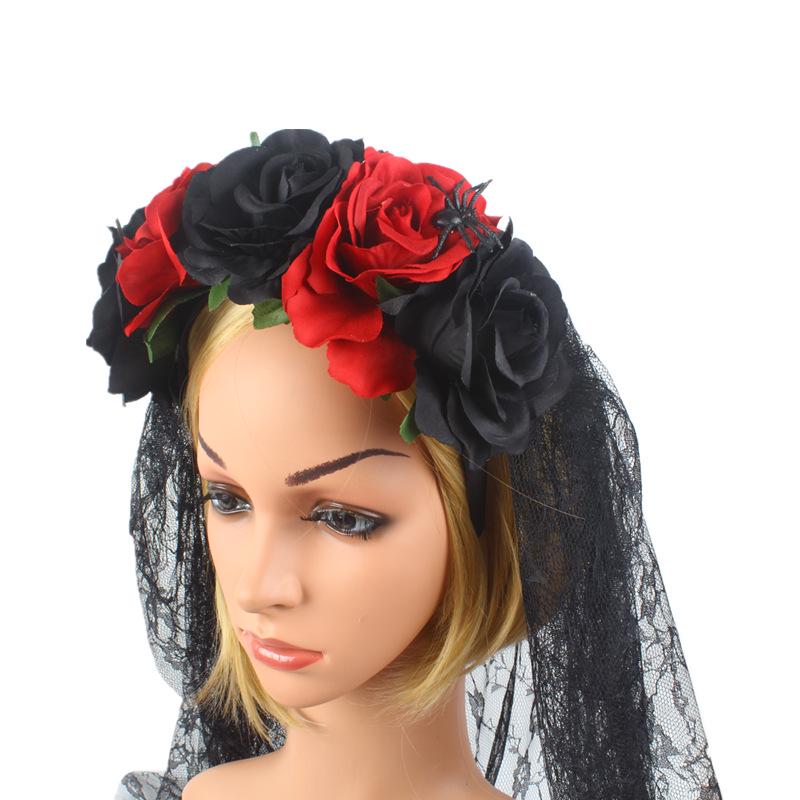 Day of the Dead Rose Flower Mesh Headband - Halloween Party Hair Accessory
