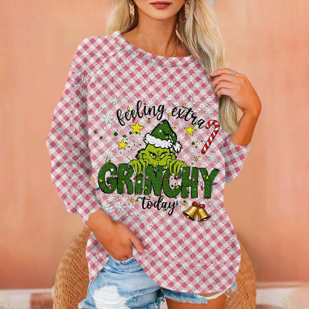 Women's T Shirt Flannel Print Tunic Long Sleeve Party  Round Neck  Tops