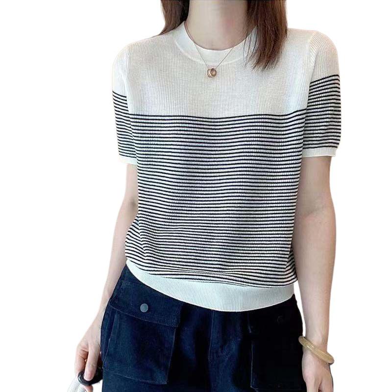 Women's Plus Size Short-Sleeve Summer Knit Top – Slimming, Age-Reducing Ice Silk Tee with Round Neck.