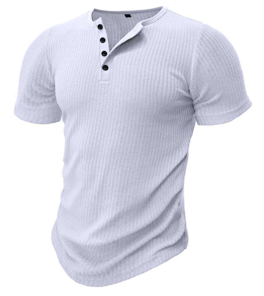 Men's Slim Fit Henley T-shirt: European & American Sports Style, Ribbed, Elastic, Short Sleeve, Solid Color