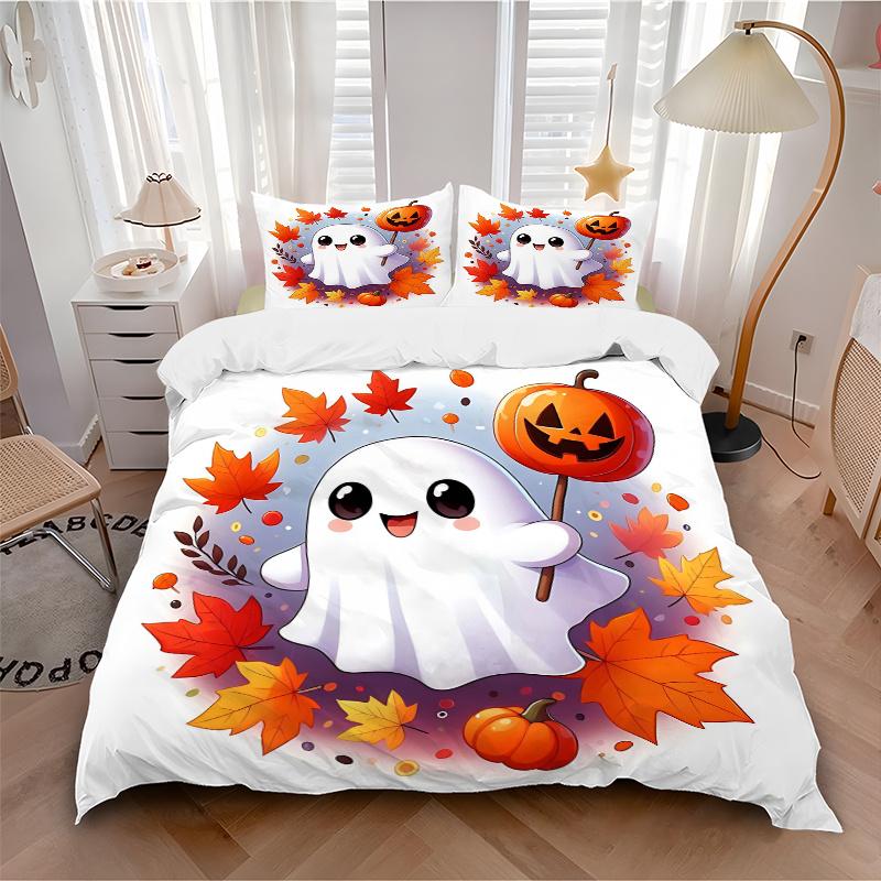 3pcs Happy Ghosts & Pumpkins Quilt Set Soft and Comfortable Bedroom, and Dorm Decor Bedding Set 1 Quilt Cover + 2 Pillowcases.L052
