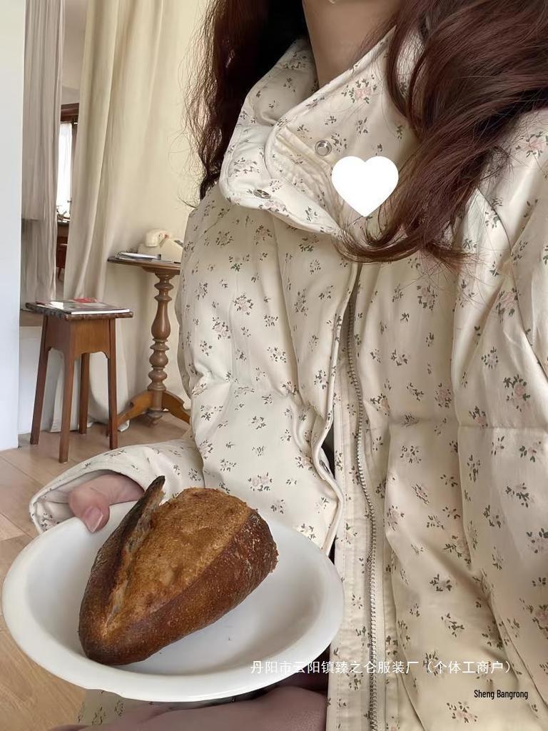 2024 Winter Women's Floral Down Cotton Jacket – Loose Fit, Korean Cute Academy Style