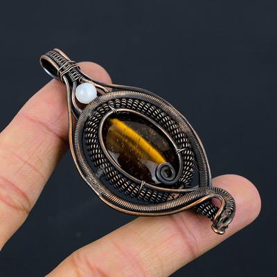 Tigerauge, Mondstein-Edelstein, reiner Kupferdraht, umwickelt, handgefertigter Designer-Anhänger-Schmuck für Frau