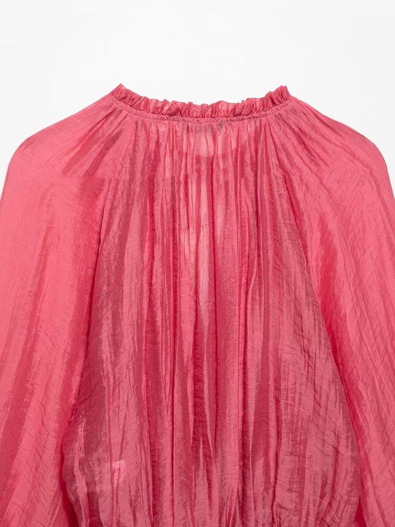 ZA Women's 2025 Spring European & American Style Crinkle Ruffle Stand Collar Short Top and Midi Skirt Set