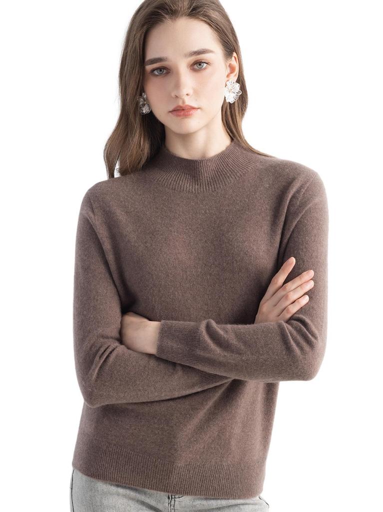 Women's Slim Fit Cashmere Knit Base Layer Top - Half-High Neck, Solid Color, Mature Style, Warm Sweater