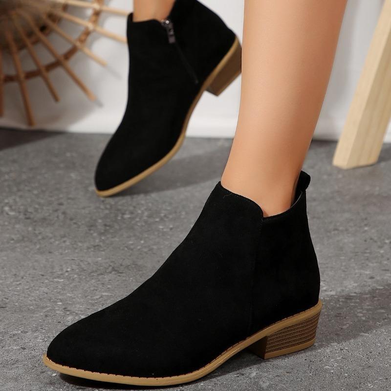 Plus-size Shoes and Ankle Boots, Pointed Side Zipper Mid-heel Chunky-heeled