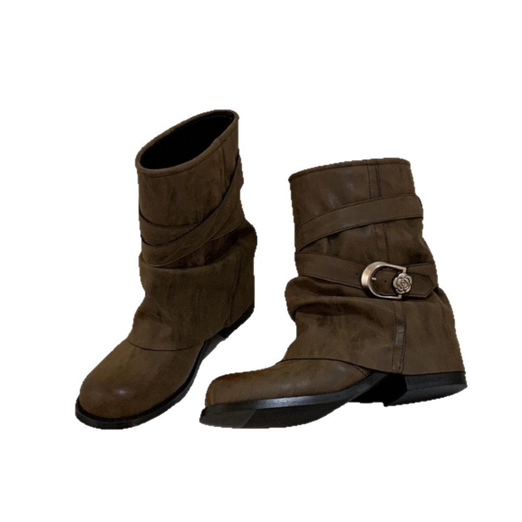 Fashion Belt Buckle Thick Heel Fashion Stacking Boots Women's New Short Knight Boots Locomotive Boots Pants Pants Women's Boots