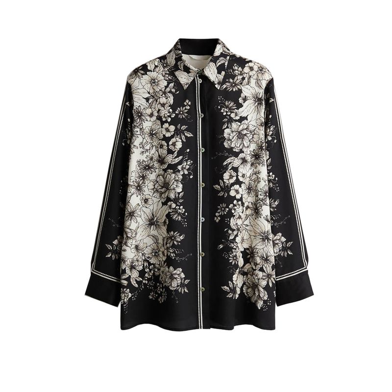 With Collar Long Sleeves Loose Print Long Shirt 1288634 High Waist Straight-leg Print Drawstring Pants 1291026