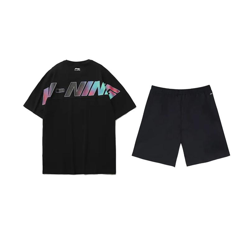 Li-Ning Fashionable Personalized Design Round Neck Pullover Short Sleeve T-Shirt Unisex Tops Black AHSU997-2+YKSV147-2