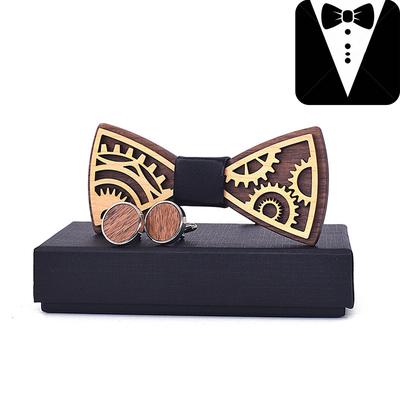 Premium Quality Walnut Wood Bow-tie With Brooch and Cuff-links Wooden Bow Tie Gift Box